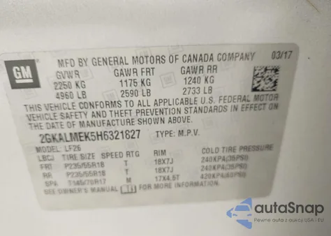 2017 GMC Terrain Sle-1 из США, поврежденный, VIN 2GKALMEK5H6321827